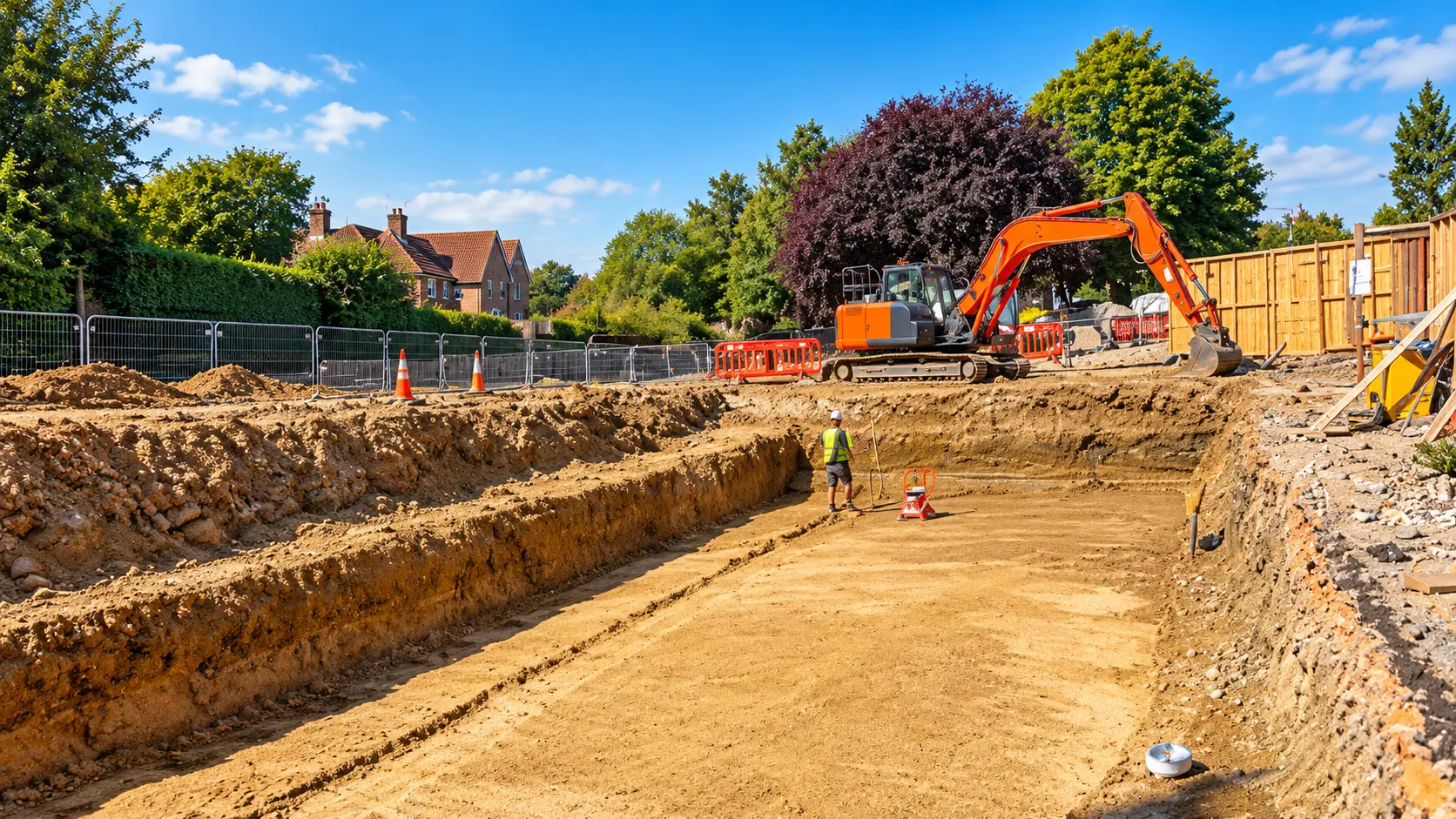 Excavator and surveyor working on a sunny excavation site