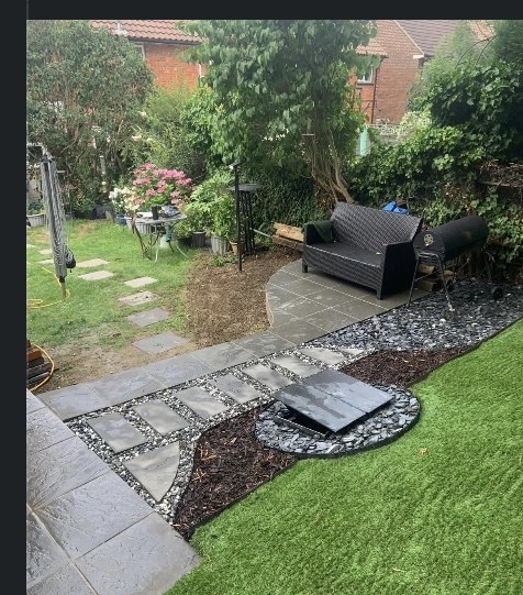 Garden with paved path, artificial lawn and planting