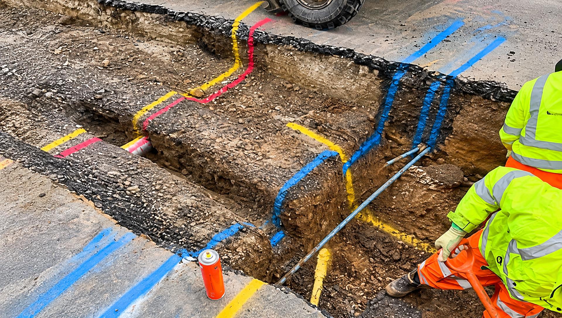 Operative in hi-vis working in an excavation with marked services